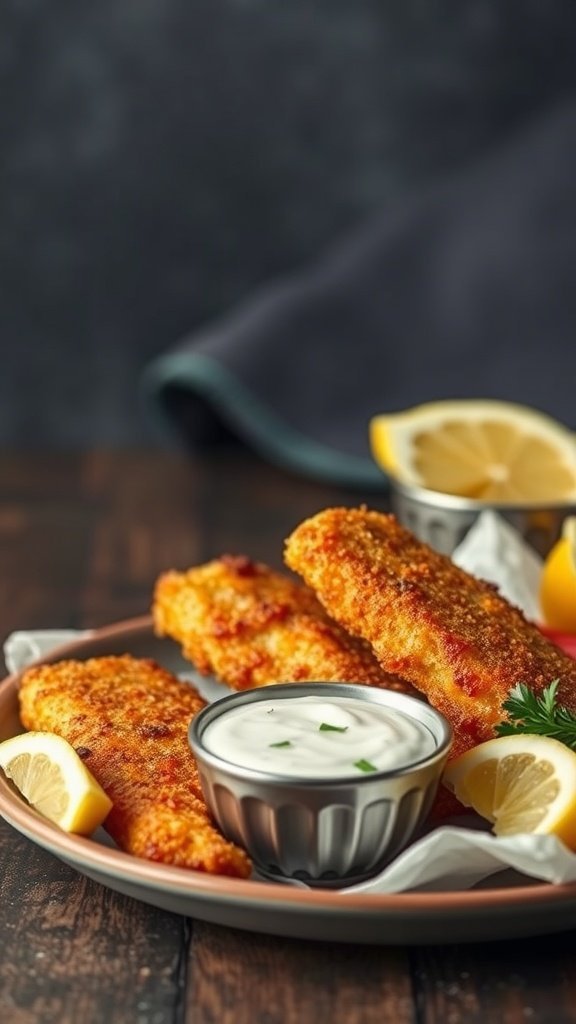 A plate of golden brown oven-baked fish sticks with a side of dipping sauce and lemon wedges
