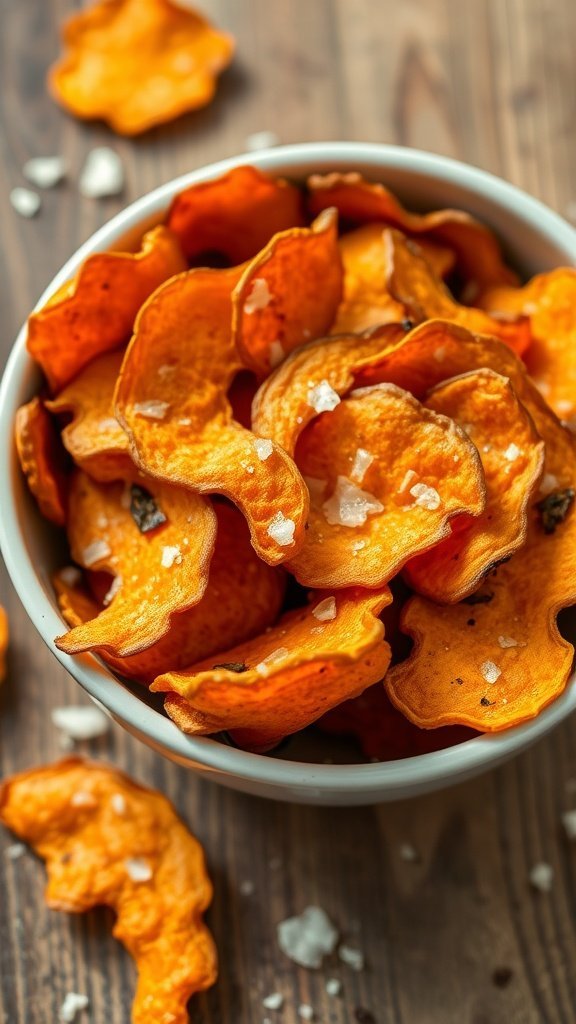 A bowl of crispy oven-baked sweet potato chips with a sprinkle of salt