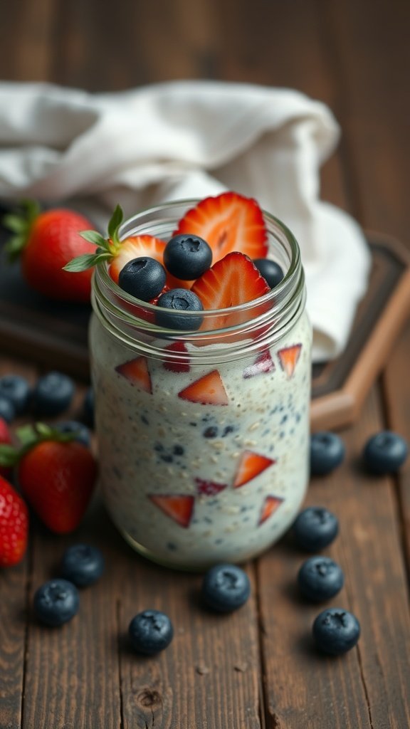 A jar of overnight oats topped with fresh strawberries and blueberries on a wooden surface.