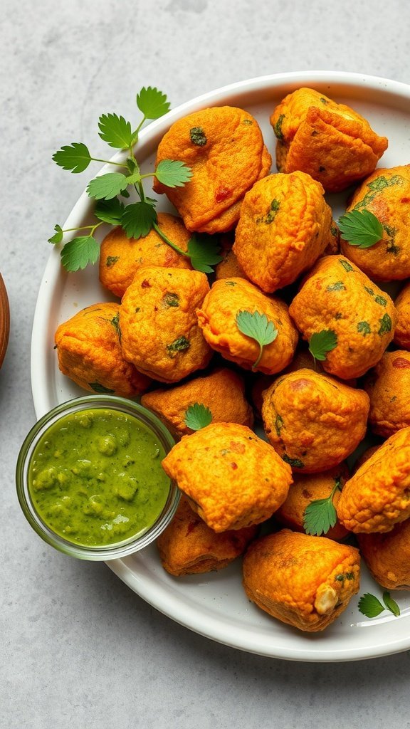 A plate of crispy pakoras served with green chutney and garnished with fresh coriander.