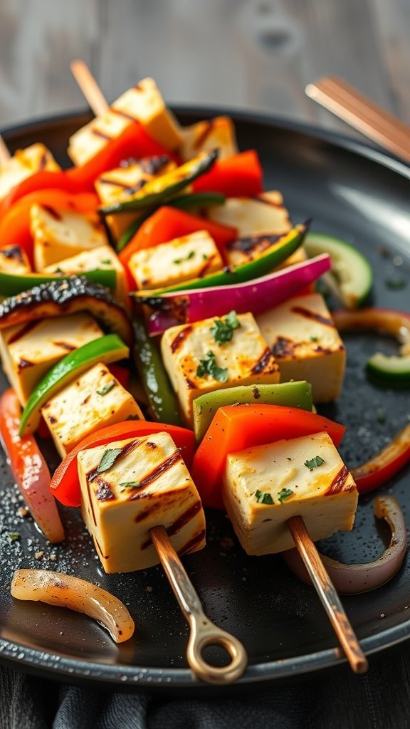 Grilled paneer tikka skewers with colorful bell peppers and onions