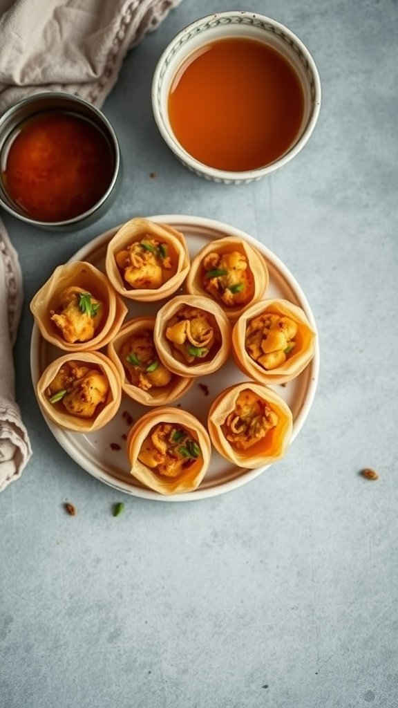 A plate of Pani Puri filled with spicy potato filling, served with tangy water on the side.