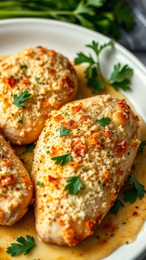 Baked chicken breasts with Parmesan crust and fresh parsley garnish