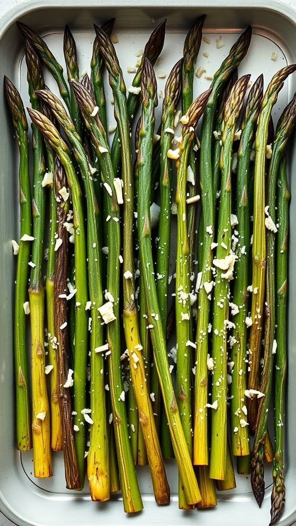 A baking sheet filled with fresh asparagus spears topped with grated Parmesan cheese, ready to be roasted.
