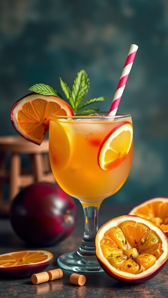 A colorful Passion Fruit Caipirinha cocktail garnished with mint and served with fresh fruits.