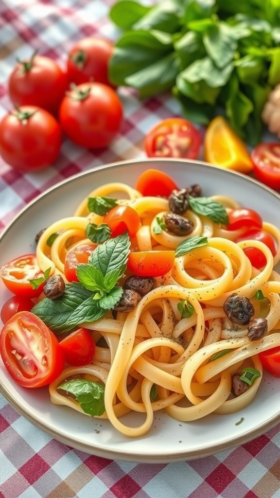 A plate of Pasta Primavera with fresh tomatoes and herbs, set on a picnic blanket.