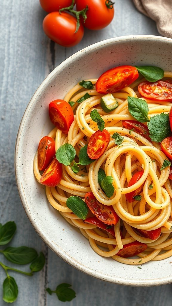 Bowl of Pasta Primavera with cherry tomatoes and herbs