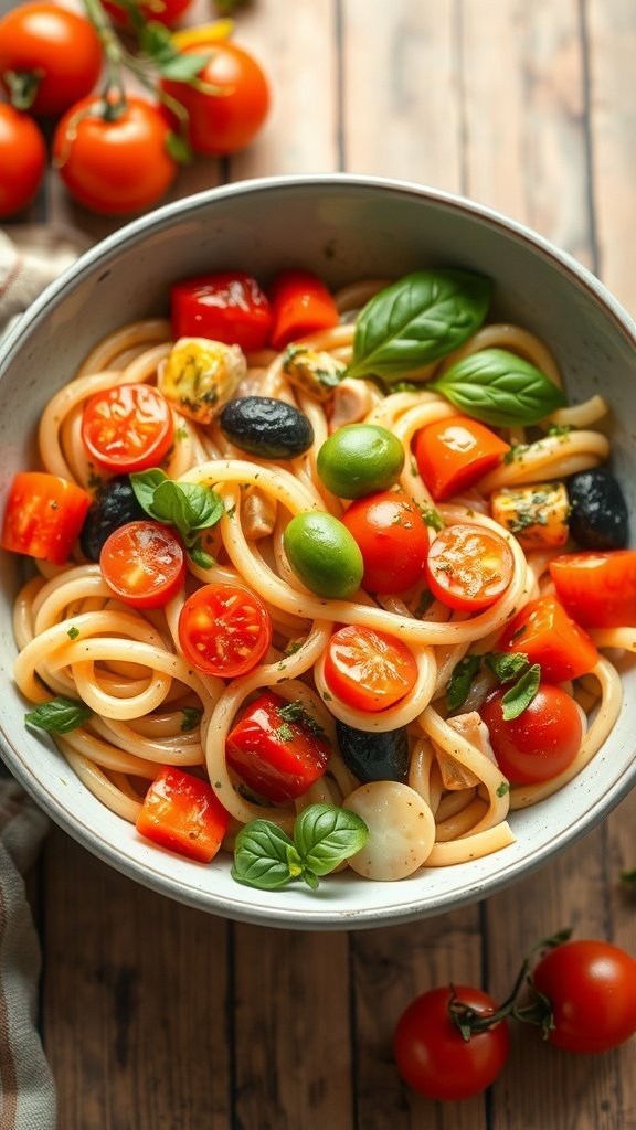 A bowl of Pasta Primavera with fresh vegetables like cherry tomatoes, bell peppers, and basil.