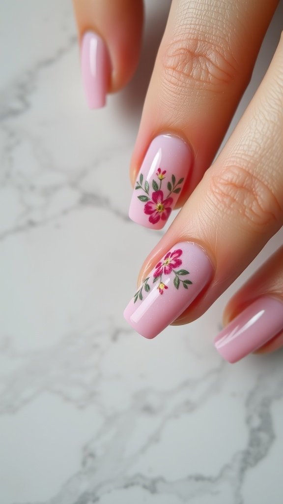 Close-up of pastel pink nails with floral designs.