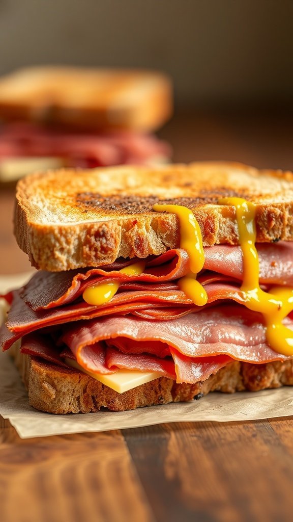 A close-up of a pastrami and Swiss sandwich on rye bread, with mustard dripping from the layers.