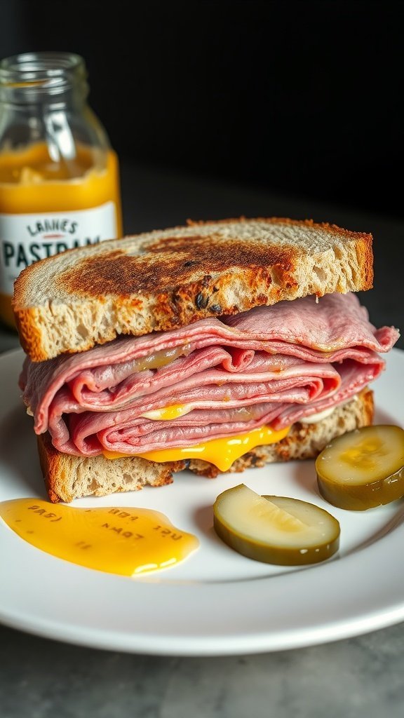 A close-up of a pastrami on rye sandwich with mustard and pickles on a plate.