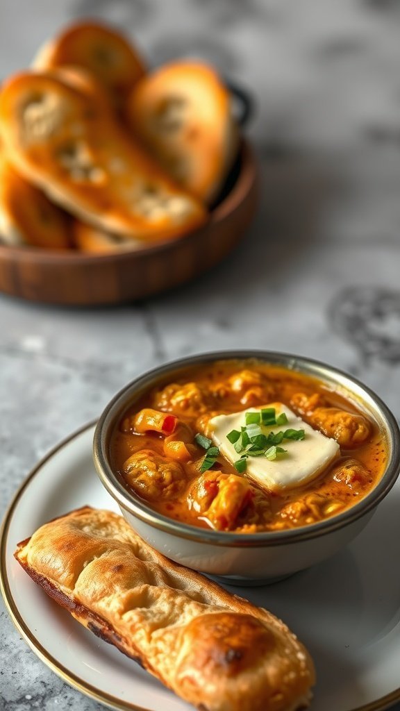 A bowl of Pav Bhaji with a piece of toasted bread on a plate, garnished with green onions.