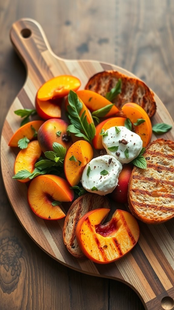 A delicious Peach and Burrata Salad with grilled bread on a wooden serving board.