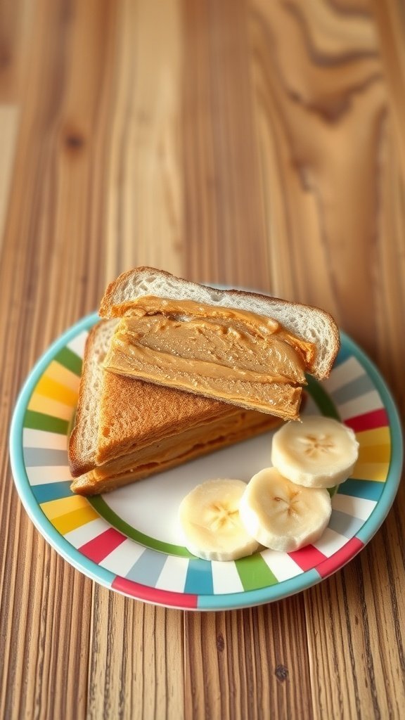 A sandwich filled with peanut butter, sliced and served with banana slices on a colorful plate.