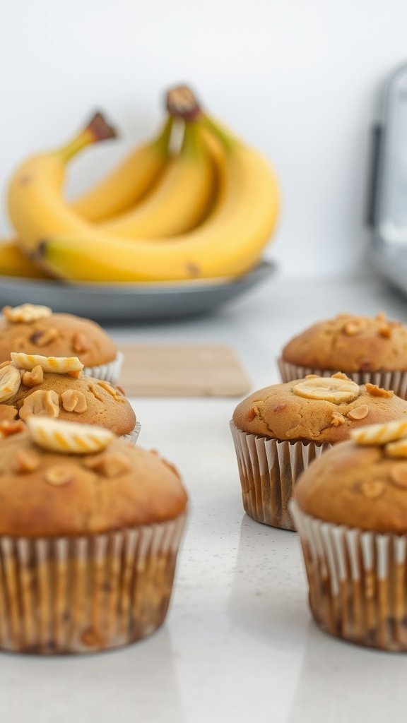 Freshly baked peanut butter banana muffins with bananas in the background