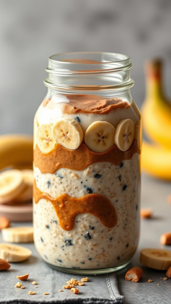 A jar of peanut butter banana overnight oats layered with banana slices and drizzled with peanut butter.
