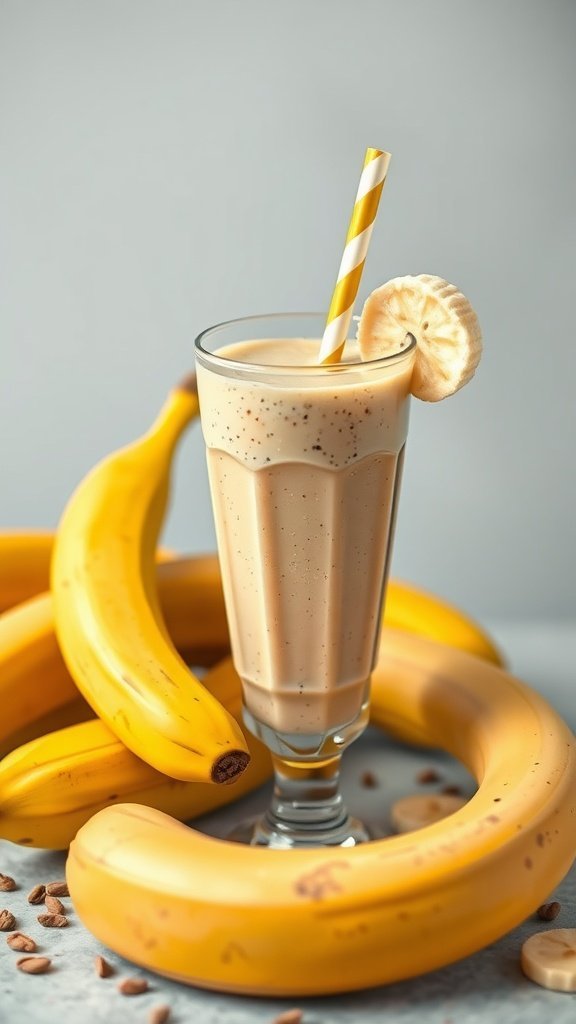 A glass of peanut butter banana smoothie with a yellow straw, surrounded by ripe bananas.