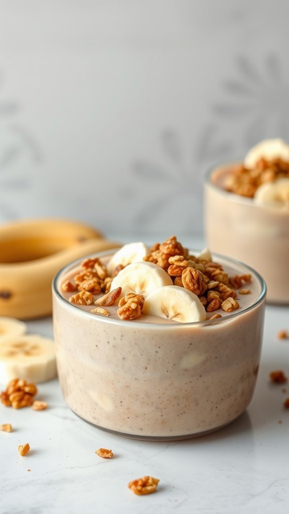 A delicious peanut butter banana smoothie bowl topped with granola and banana slices.