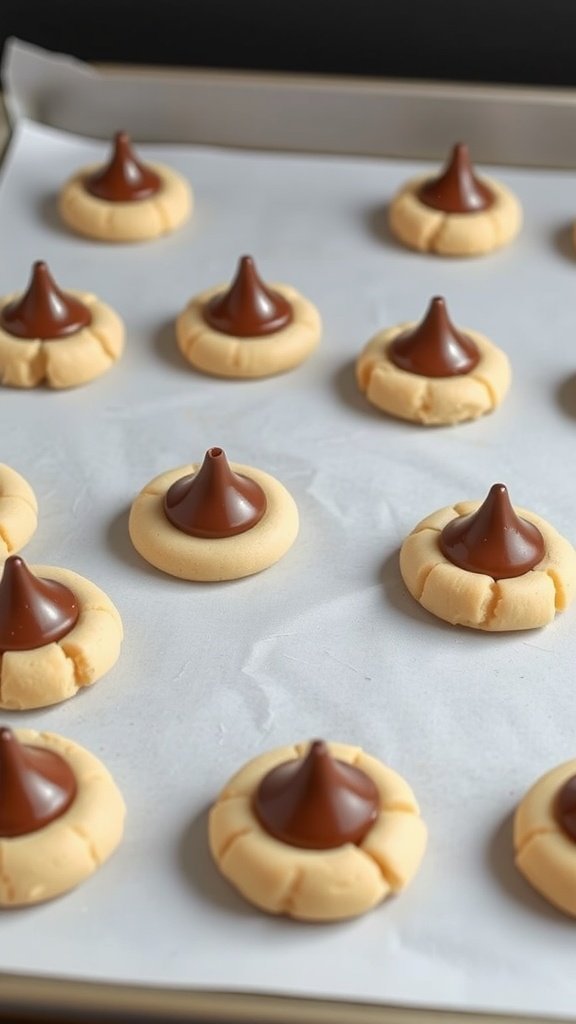 A tray of Peanut Butter Blossoms cookies with chocolate kisses on top.
