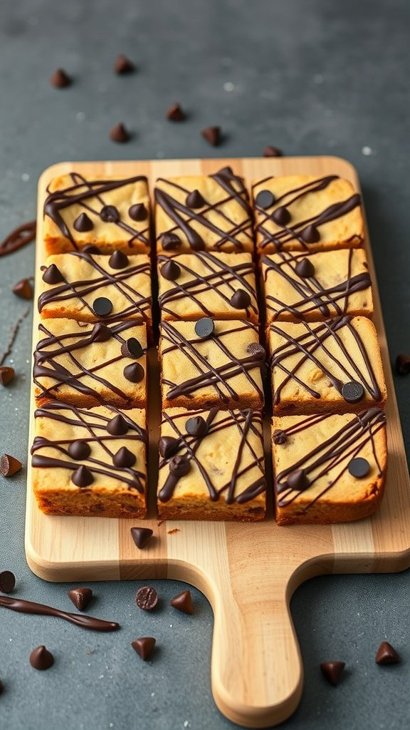 Peanut butter chocolate chip no bake bars on a wooden cutting board, drizzled with chocolate and topped with chocolate chips.