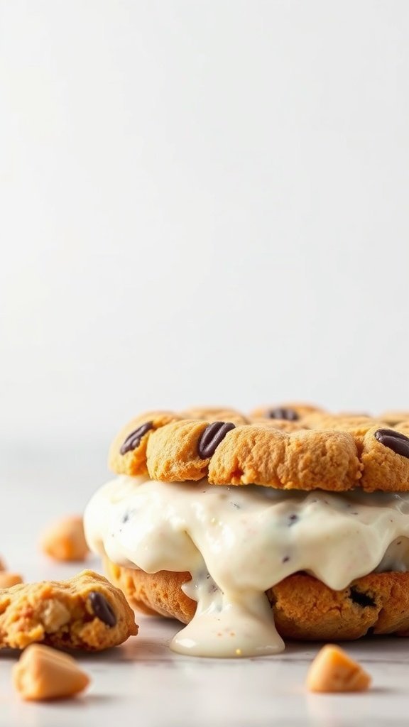 Peanut butter cookie ice cream sandwich with melting ice cream and chocolate chips
