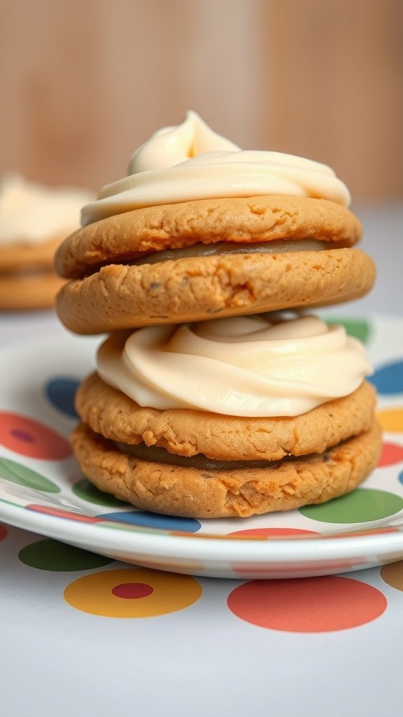 A stack of peanut butter cookie sandwiches with frosting on a colorful plate.
