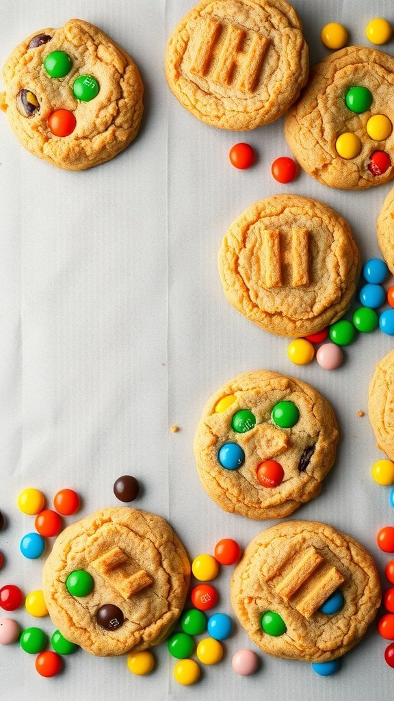 Peanut butter cookies with M&Ms scattered around them