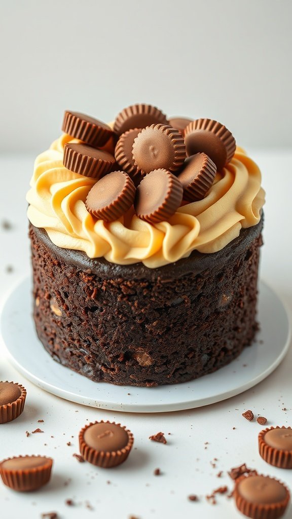 A delicious Peanut Butter Cup Cake topped with mini peanut butter cups and swirls of peanut butter frosting.