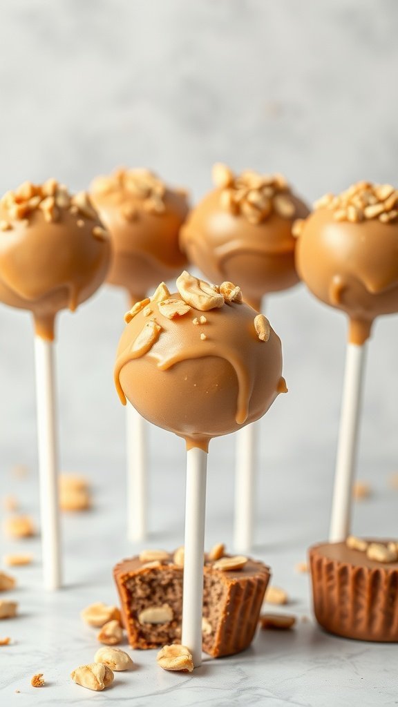 Image of Peanut Butter Cup Cake Pops with a bite taken out of one, featuring a chocolate coating and topped with peanuts.
