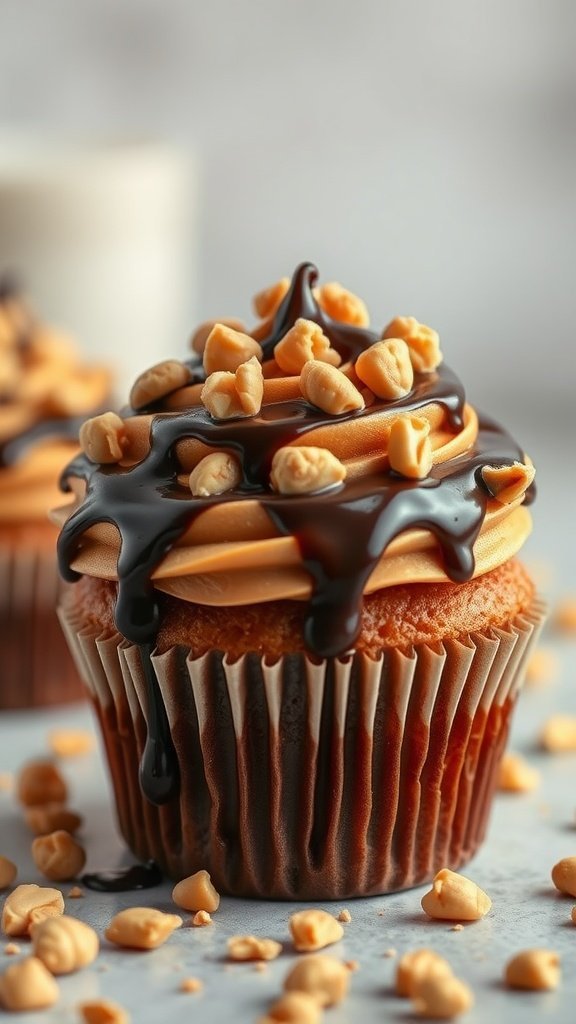 Peanut butter cupcake topped with chocolate drizzle and crushed peanuts.