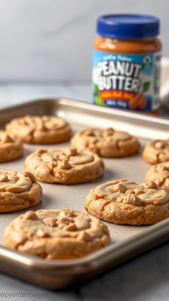 A tray of peanut butter no bake cookies next to a jar of peanut butter.