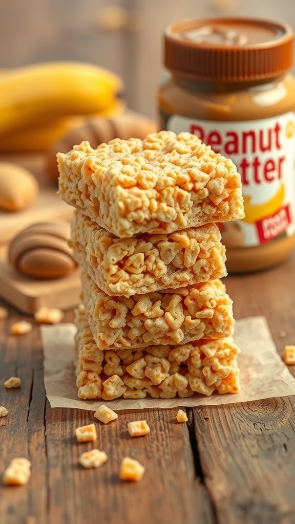A stack of peanut butter rice krispie treats with a jar of peanut butter and bananas in the background.