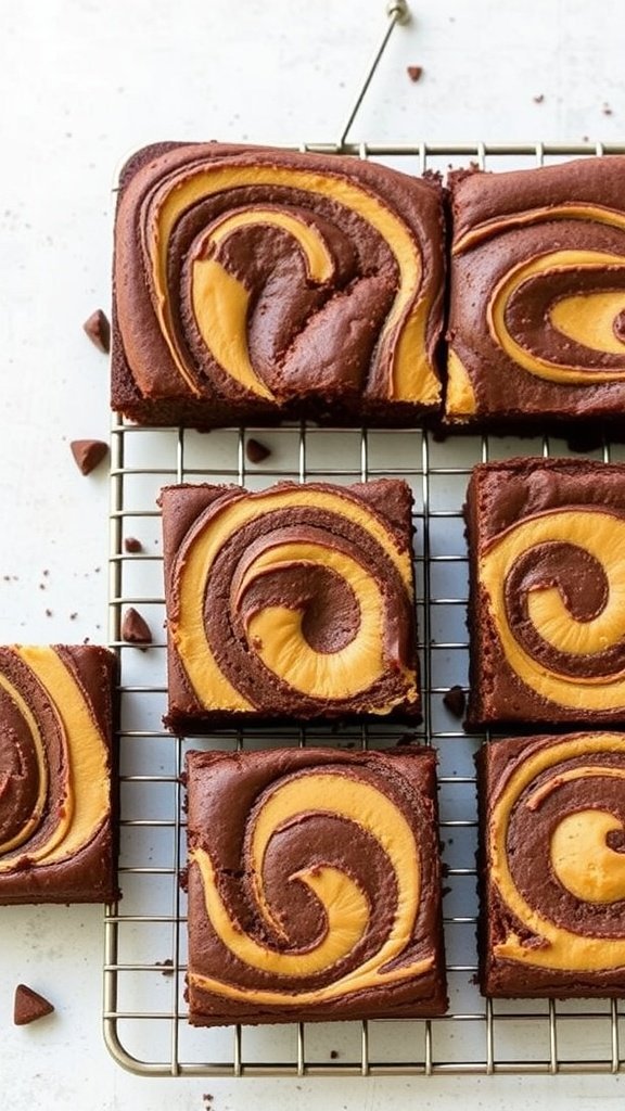 Delicious peanut butter swirl brownies on a cooling rack