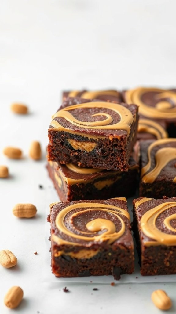 Delicious peanut butter swirl brownies stacked with peanuts scattered around