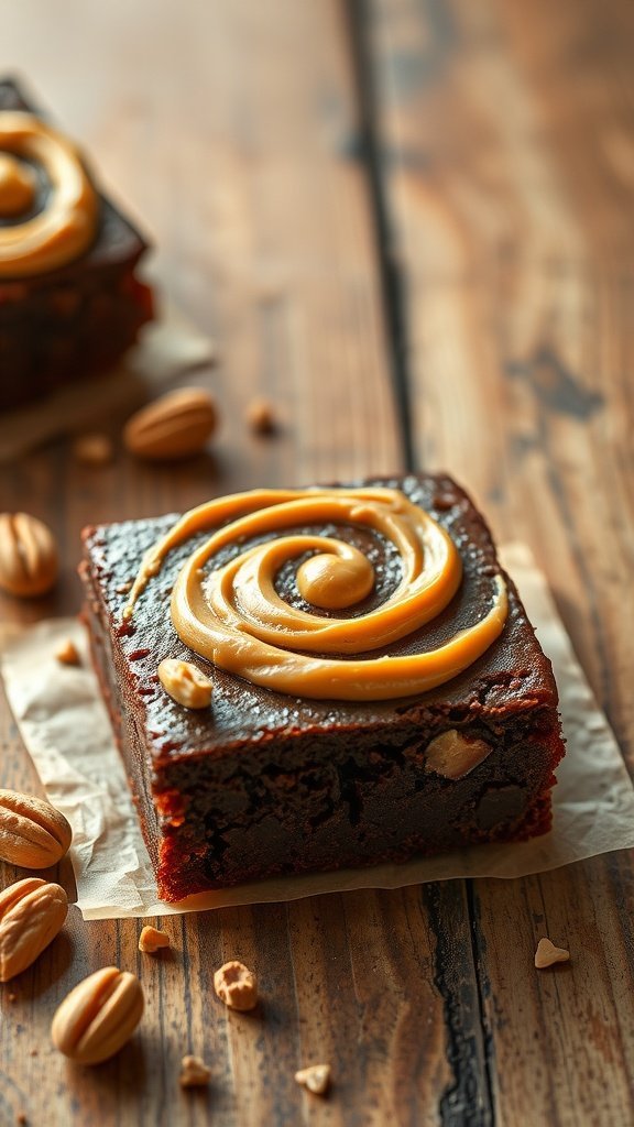 Delicious peanut butter swirled brownies on a wooden surface