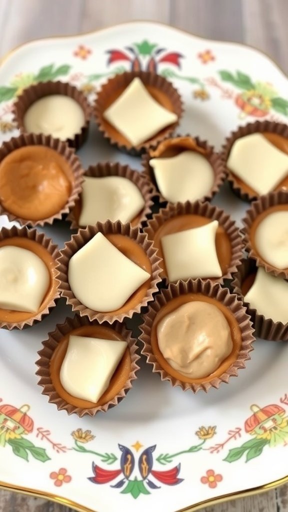 Peanut butter white chocolate cups arranged on a decorative plate.