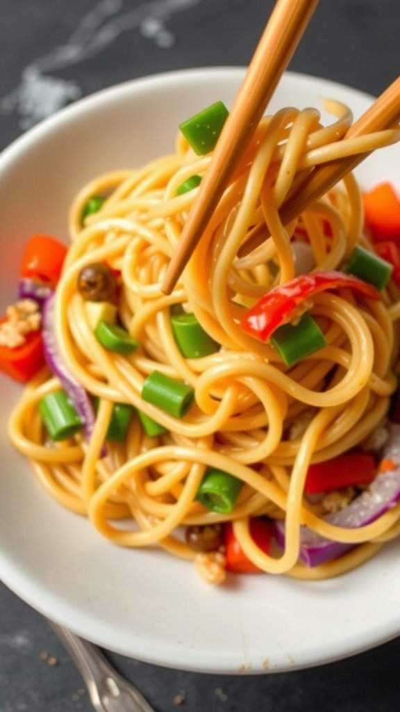 A bowl of peanut noodle spaghetti with colorful vegetables and chopsticks.