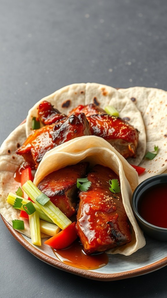 A plate of Peking Duck with pancakes, featuring crispy duck pieces, colorful vegetables, and a small bowl of sauce.