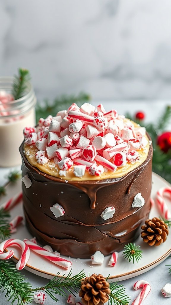 A beautifully decorated peppermint bark chocolate cake topped with candy canes and marshmallows, surrounded by pinecones and greenery.