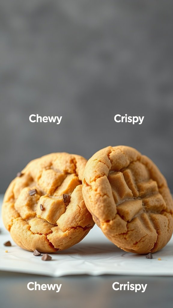 Two peanut butter cookies side by side, one labeled 'Chewy' and the other 'Crispy'.