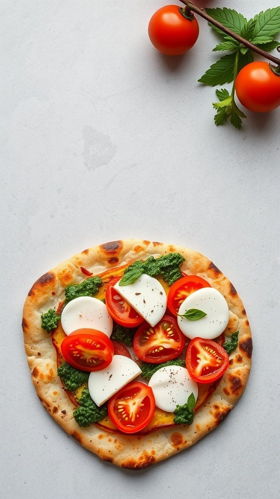Flatbread topped with pesto, mozzarella, and cherry tomatoes.