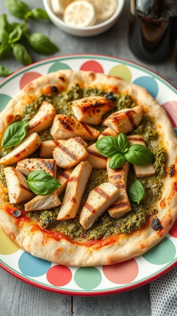 A delicious Pesto Chicken Pizza topped with grilled chicken and fresh basil leaves on a colorful plate.