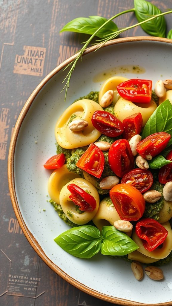 Plate of pesto tortellini topped with sun-dried tomatoes, pine nuts, and fresh basil.