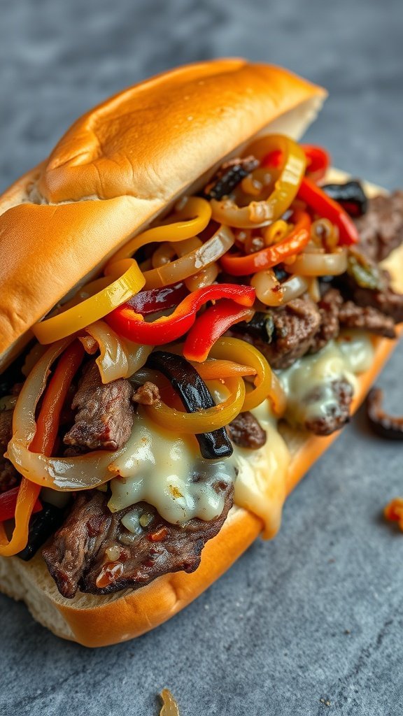 A close-up image of a Philly cheesesteak sandwich filled with steak, melted cheese, and sautéed peppers.