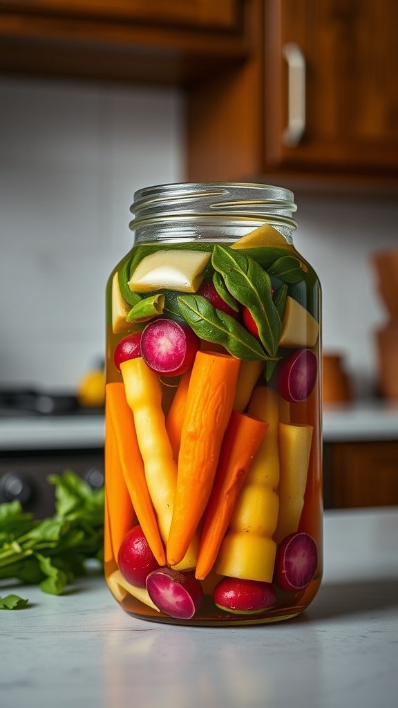 A jar of pickled vegetables including carrots, radishes, and leafy greens on a kitchen counter.