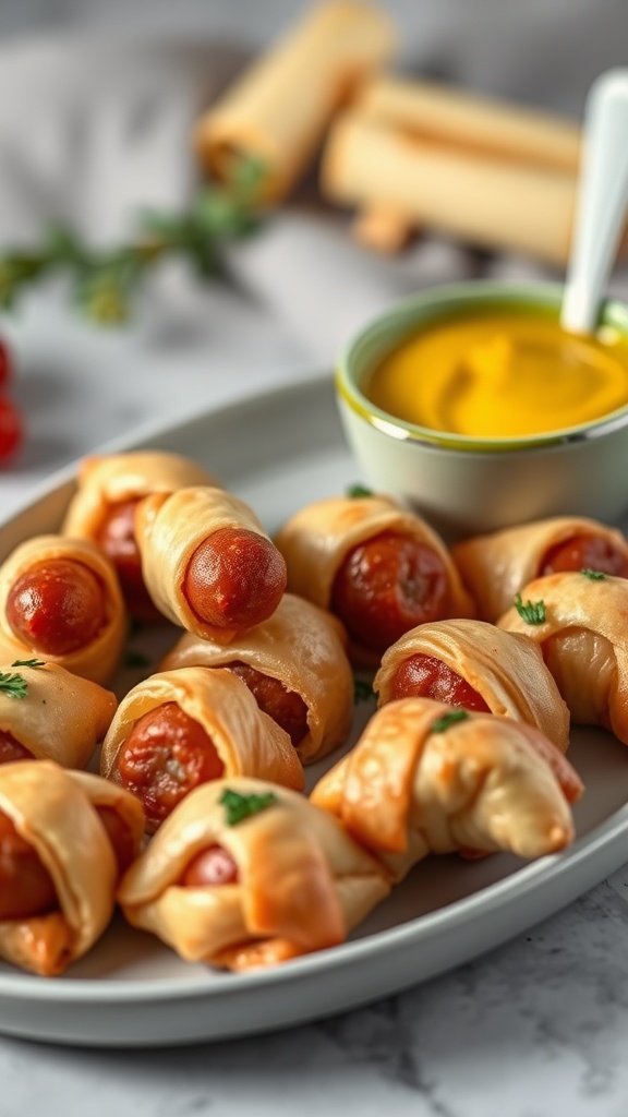 A plate of pigs in a blanket arranged neatly with a small bowl of mustard on the side.
