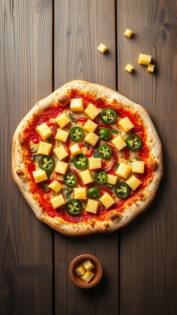 A pizza topped with pineapple and jalapeños on a wooden table.