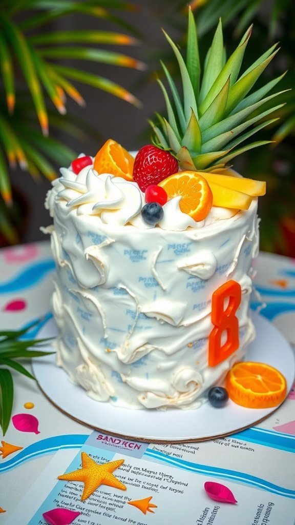 A beautifully decorated Pineapple Coconut Cake with fresh fruit toppings and an orange number 8 candle