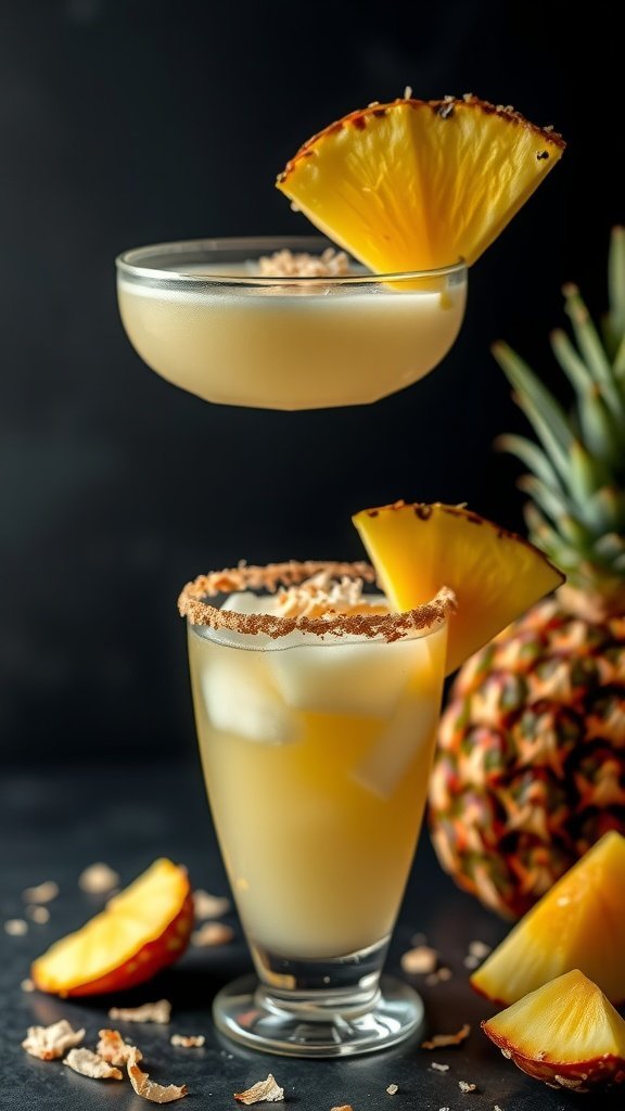 Two Pineapple Coconut Margaritas with pineapple garnishes and a fresh pineapple in the background.