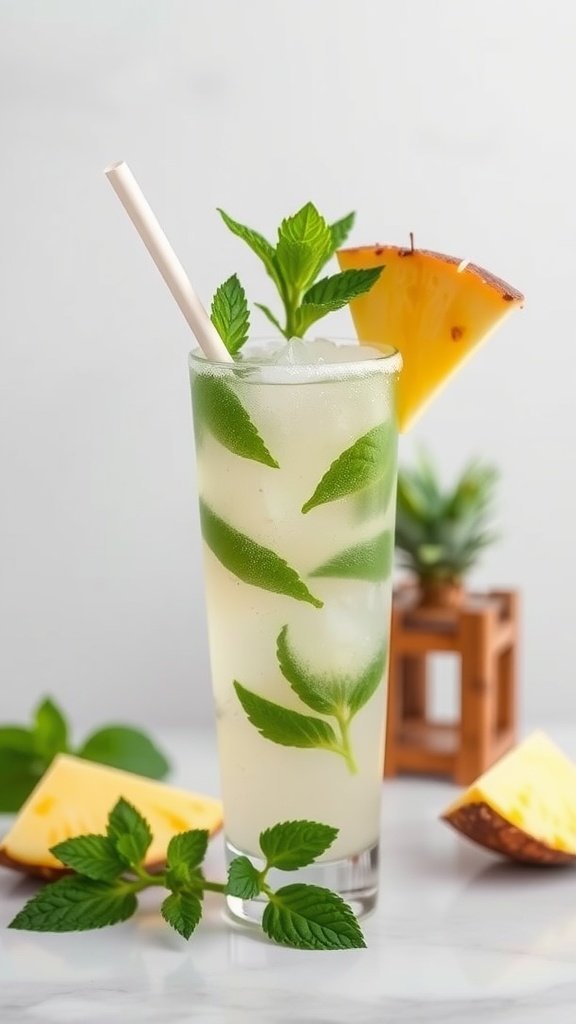 A refreshing Pineapple Coconut Mojito in a tall glass with mint leaves and a slice of pineapple